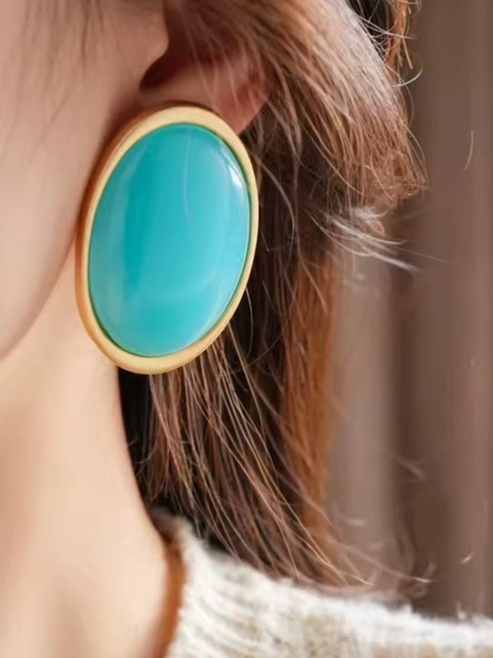 Gold-Trim Turquoise Oval Statement Earrings - Women's Jewelry